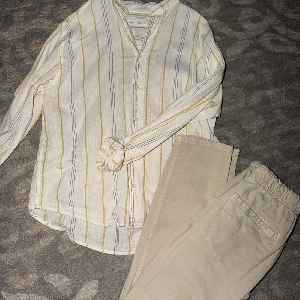Boys Zara 2 pc Spring/Summer outfit -Striped Button-Up Shirt and Beige Pants Set
